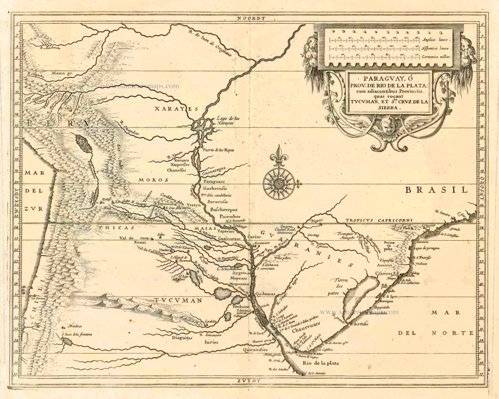 Old antique map of la Plata Basin & River by J. de Laet. Sanderus
