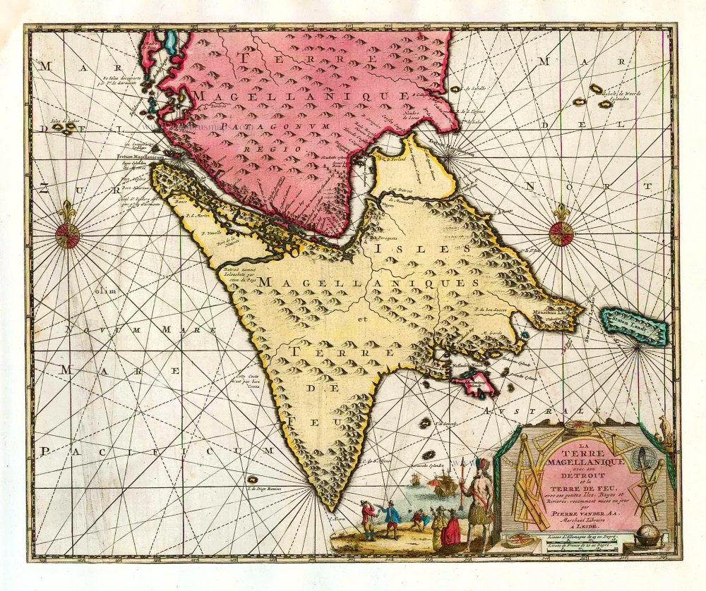 Old antique map of Magellan Straits & Tierra del Fuego, by Pieter van der Aa. Sanderus Antique