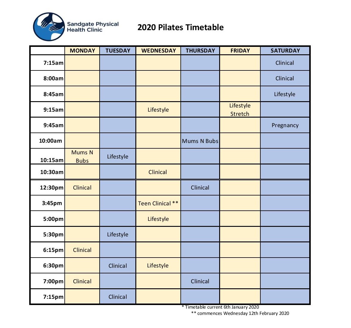Class Timetable Sandgate Physical Health Clinic