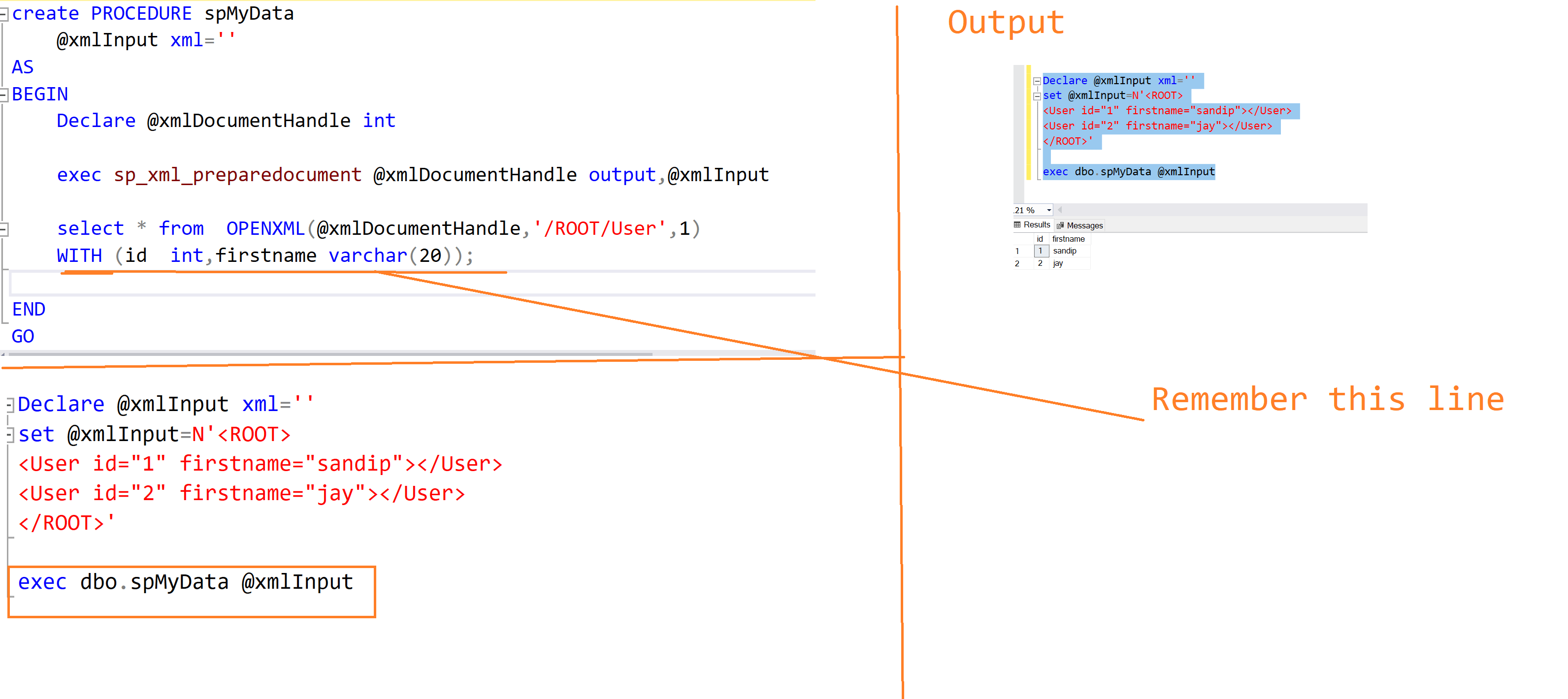 Stored Procedure with XML input parameter with use of OpenXML