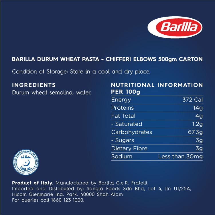 Barilla Chifferi Elbow (500g) Pasta & Noodles Supplier Malaysia