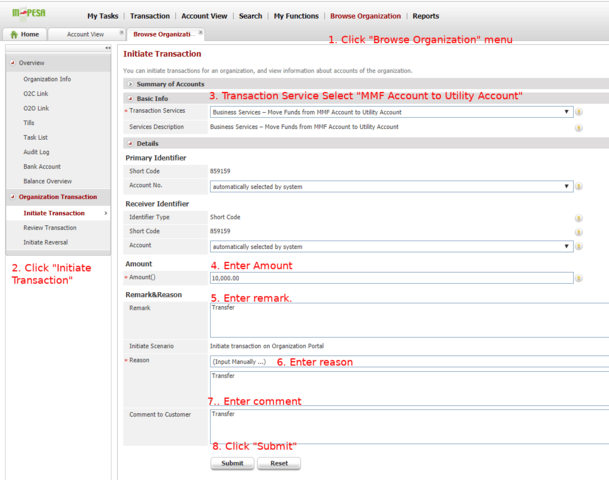How to transfer funds from MPESA MMF Account to Utility Account