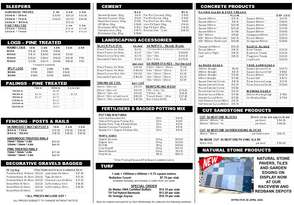 Price List Sapar Landscaping Supplies