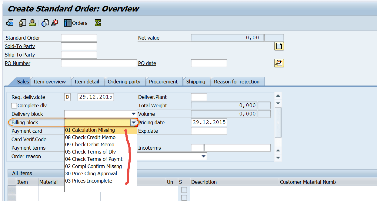 Block Reason for Billing SAPCODES
