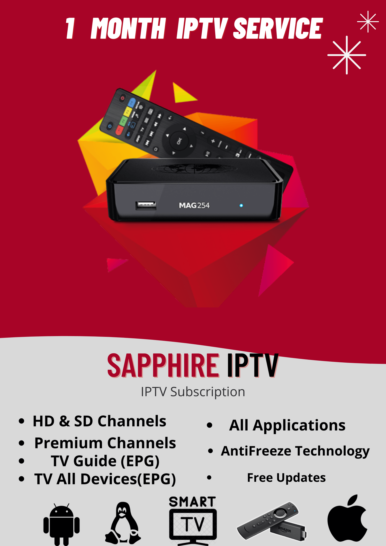 1 MONTH IPTV Subscription Sapphire IPTV