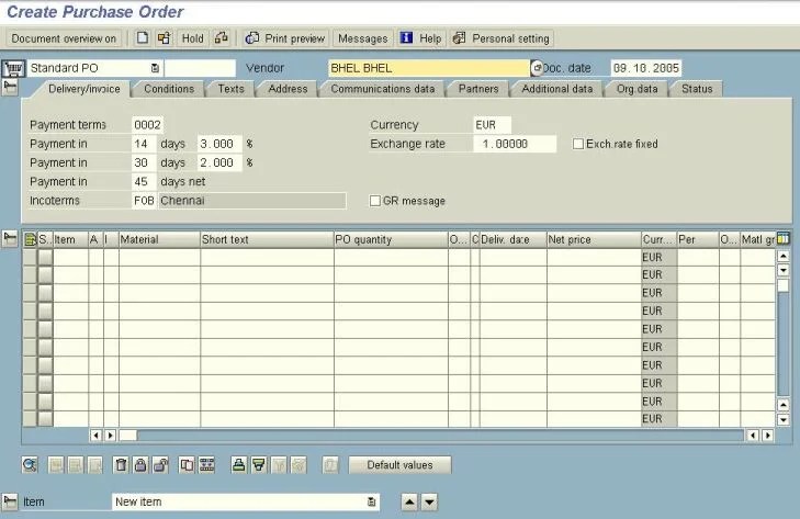 Creating a Purchase Order in SAP Transaction ME21N SAP Stack