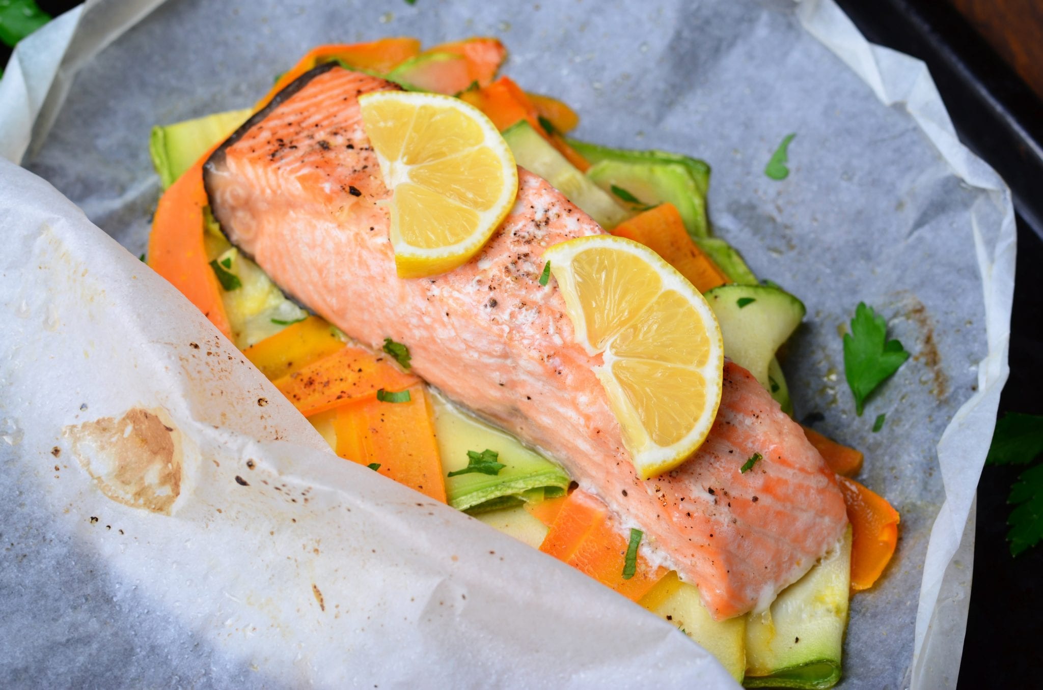 Salmon Baked In Parchment Paper With Zucchini And Carrot Sarah J
