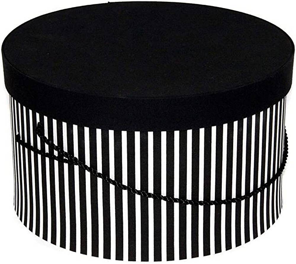 126A traditional black and white stripe fabric hat box with a solid