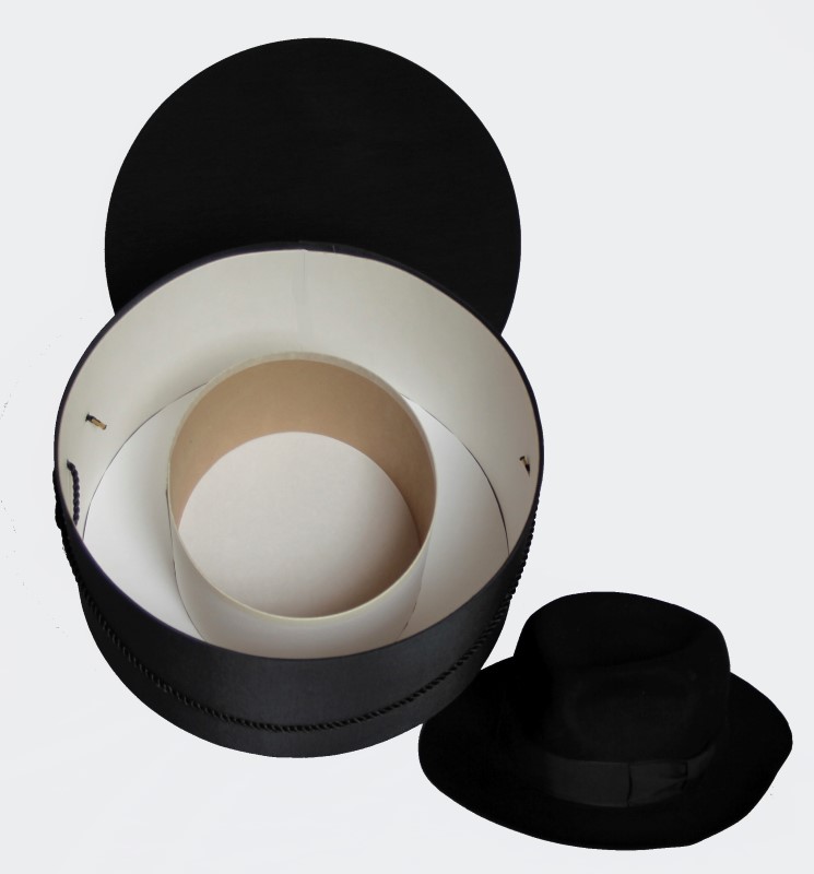 165IN Steel gray fabric hatbox with a black cording handle and hat