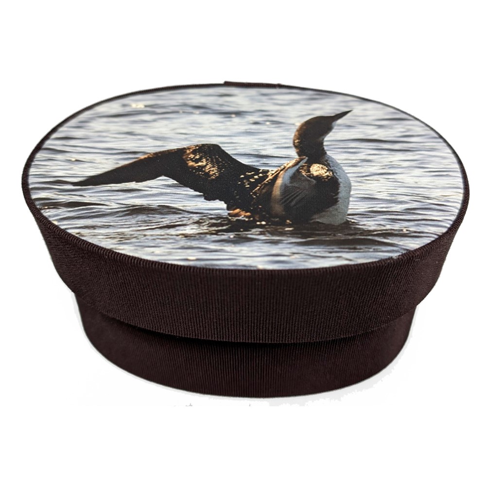 Loon photo on a dark brown fabric box. Sarah's Hat Boxes