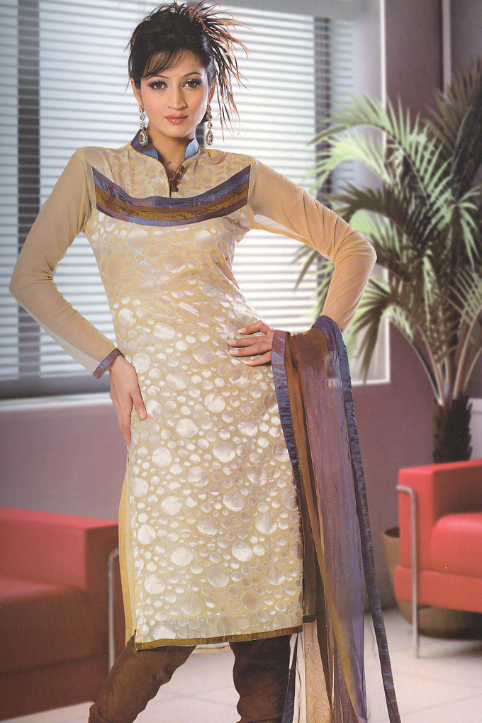 Beige and Brown High Neck Churidar Salwar kameez