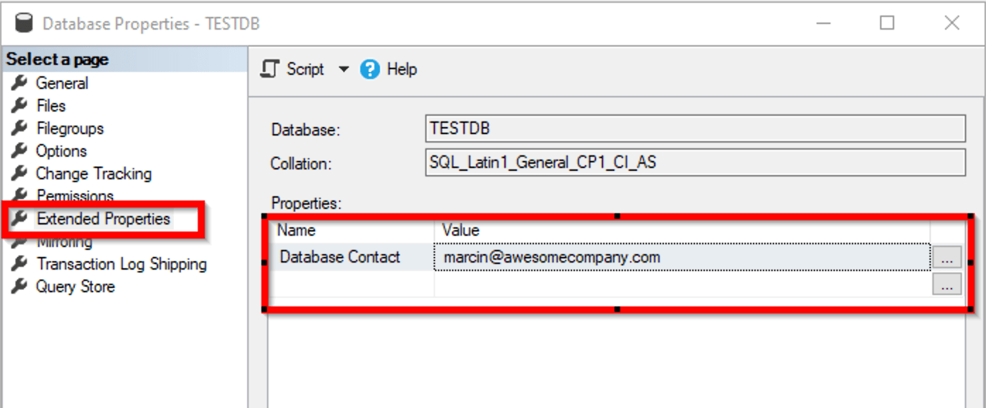 Use Extended Properties to store information about database