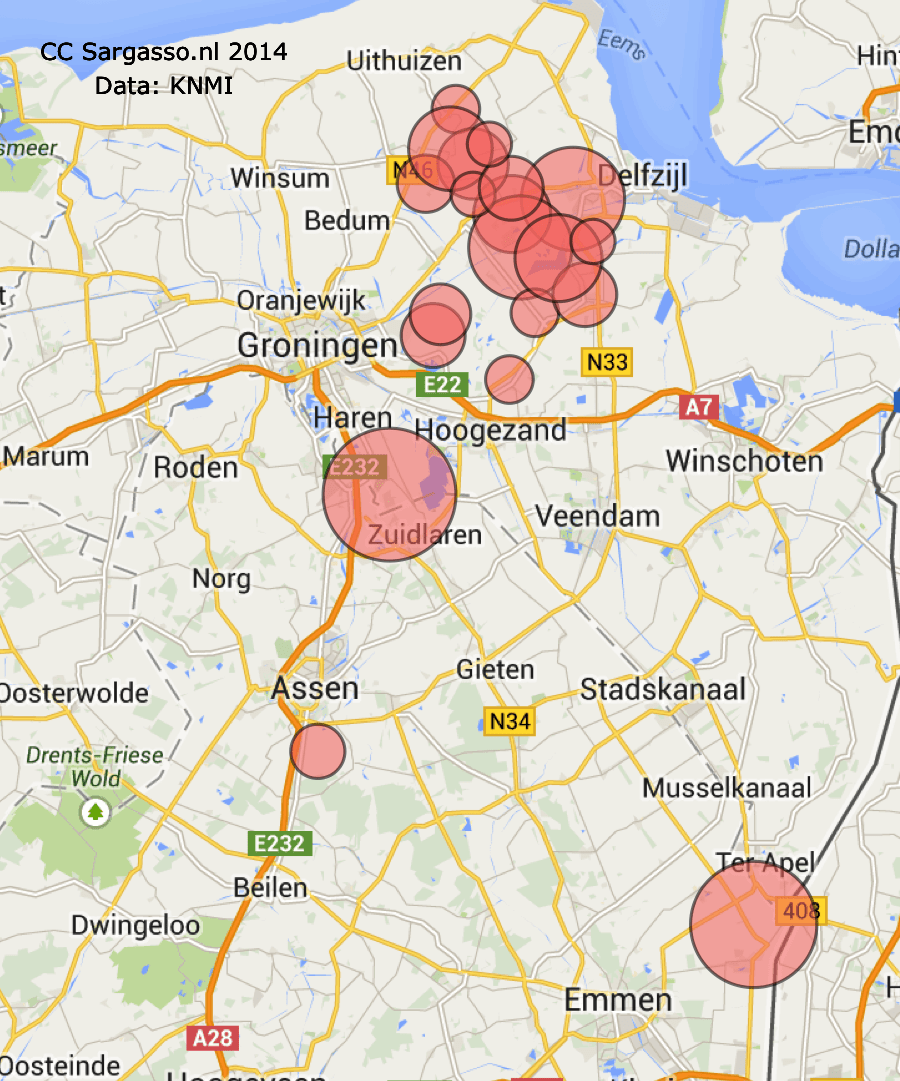 Aardbevingsgebied Groningen Kaartoos Meest getroffen plaatsen in Groningen Sargasso