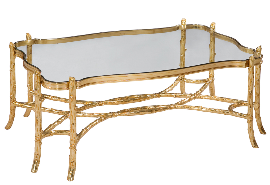 43" W Coffee Cocktail Table Tempered glass top Vintage brass frame Gold