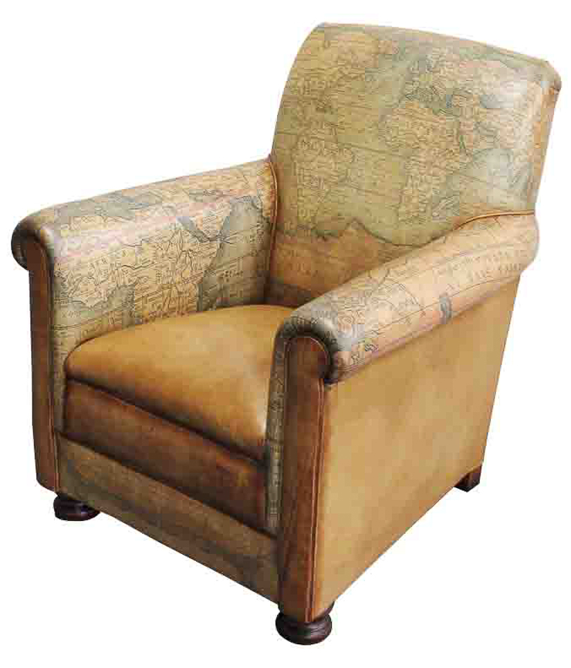 Leather World Map Chair Antique Tan over Hardwood Frame Hand Made New