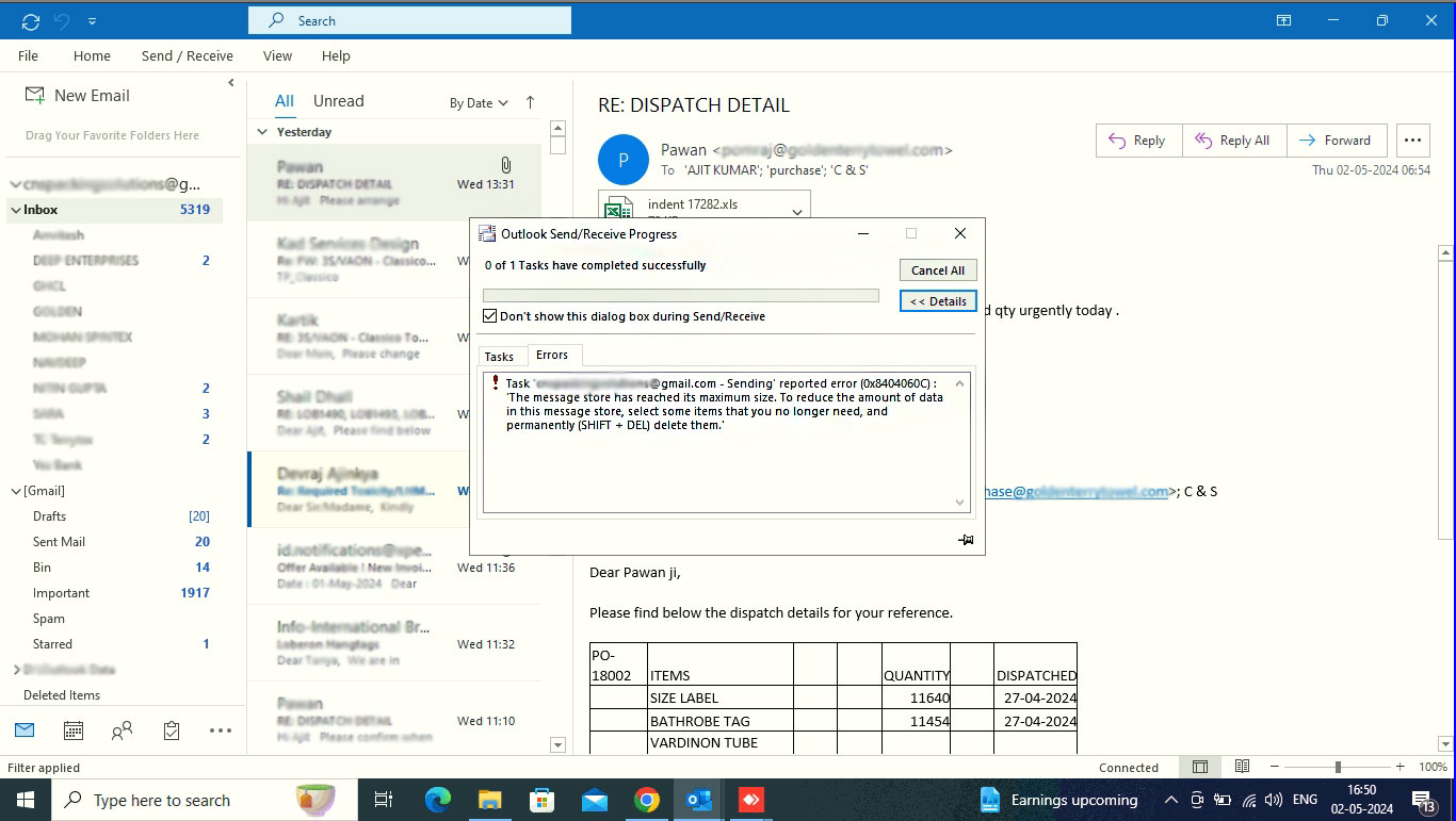 Outlook Error "The message store has reached its maximum size" SAS