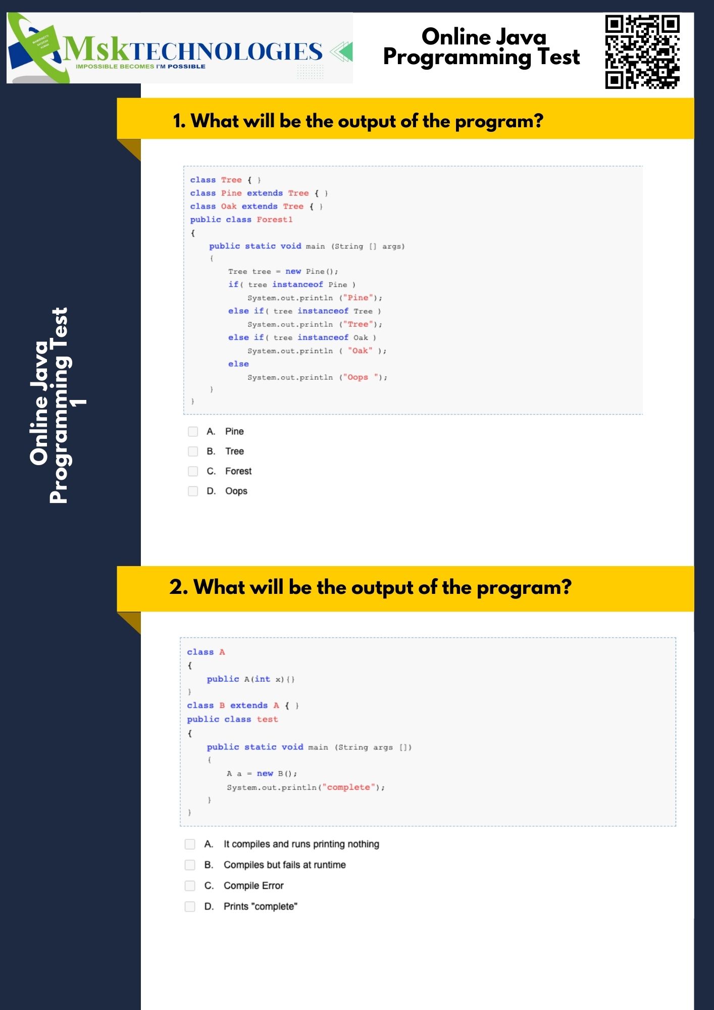 Java Online Test 1 MSK Technologies