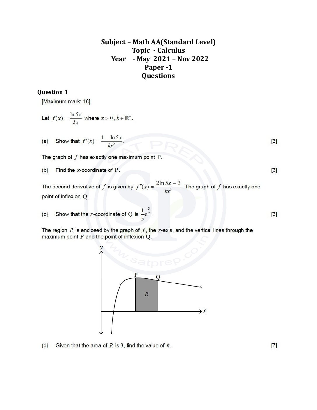 Topic wise IBDP Math AA SL Past Paper 1 Calculus SAT PREP