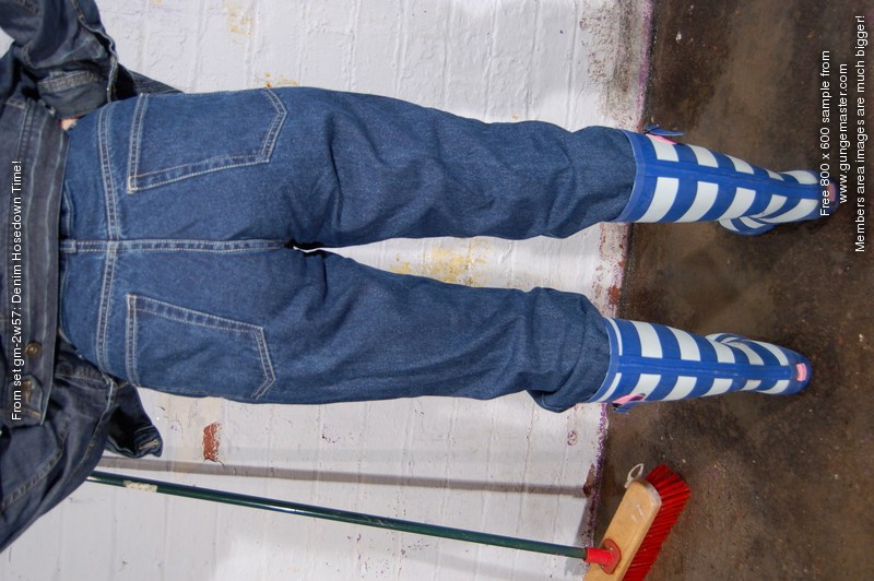 Denim Hosedown Time! Modesty takes a soaking, from dry, in blue denim!