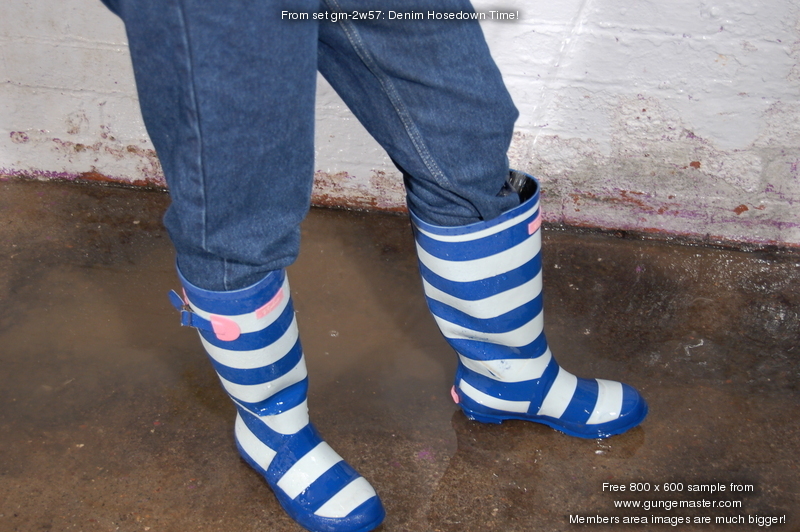 Denim Hosedown Time! Modesty takes a soaking, from dry, in blue denim!