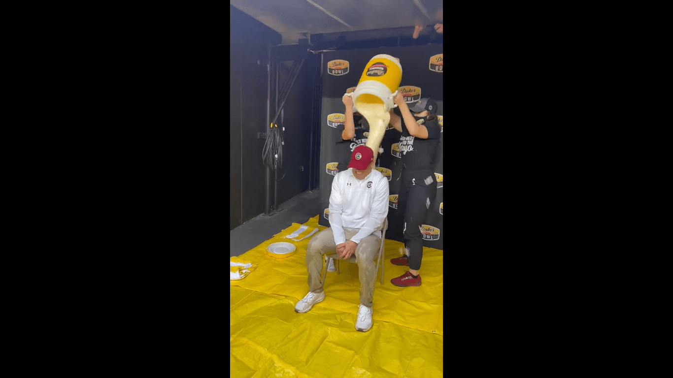 Mayo bath! South Carolina's Shane Beamer doused with mayonnaise after