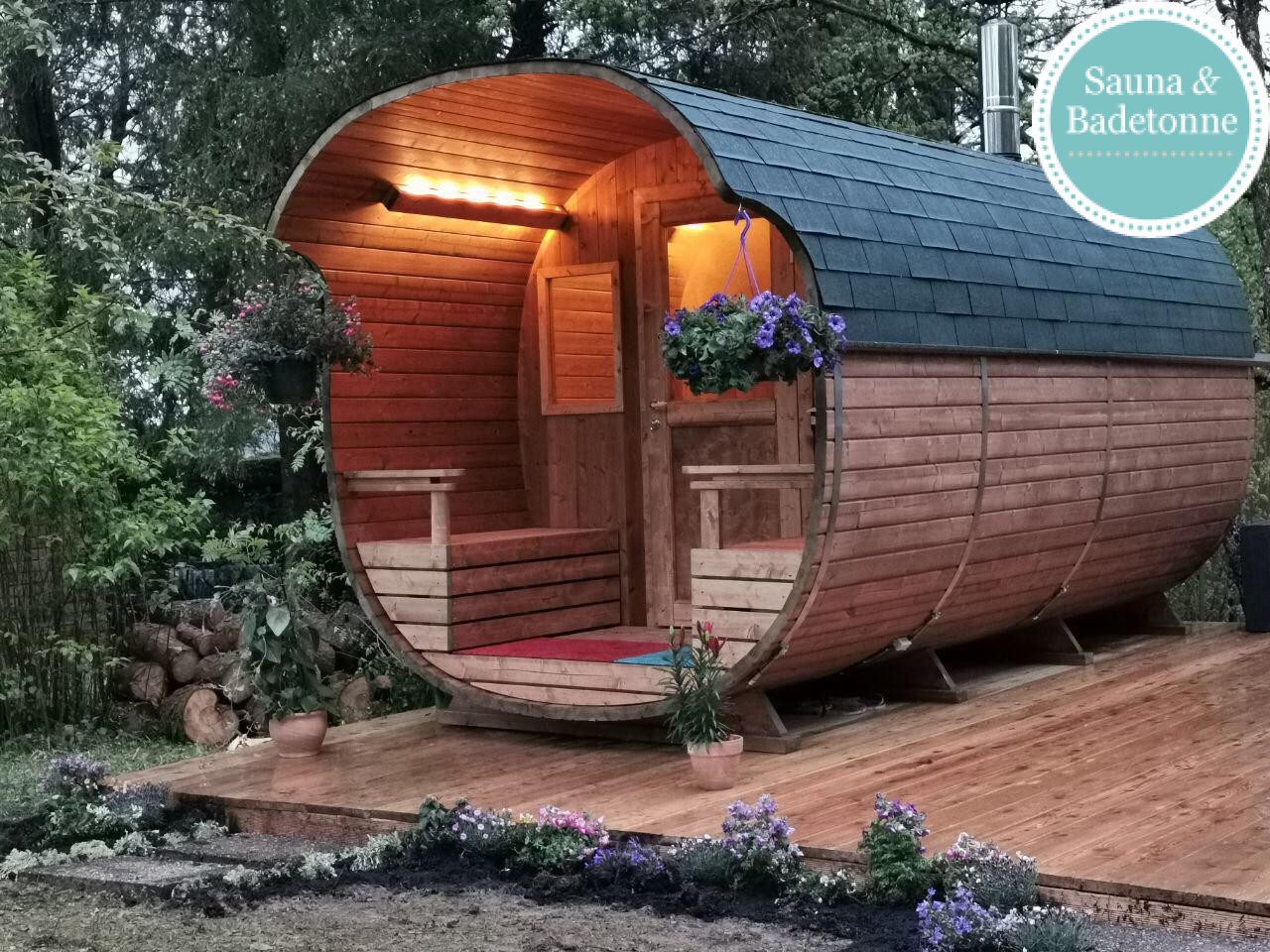 Oval Outdoor Barrel sauna Two rooms Wood heating LED terrace