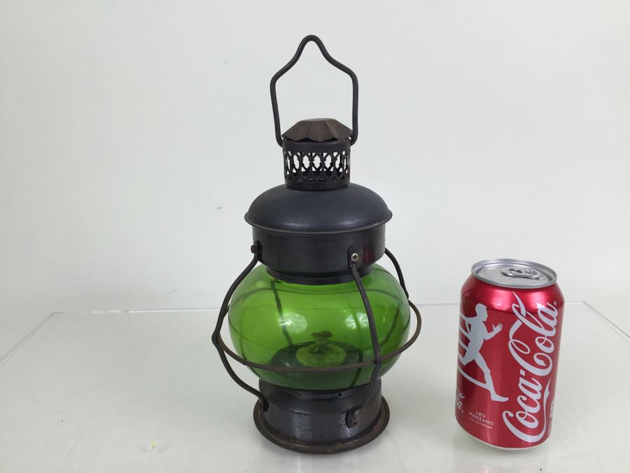 Vintage Lantern With Green Glass Globe Maker Unknown