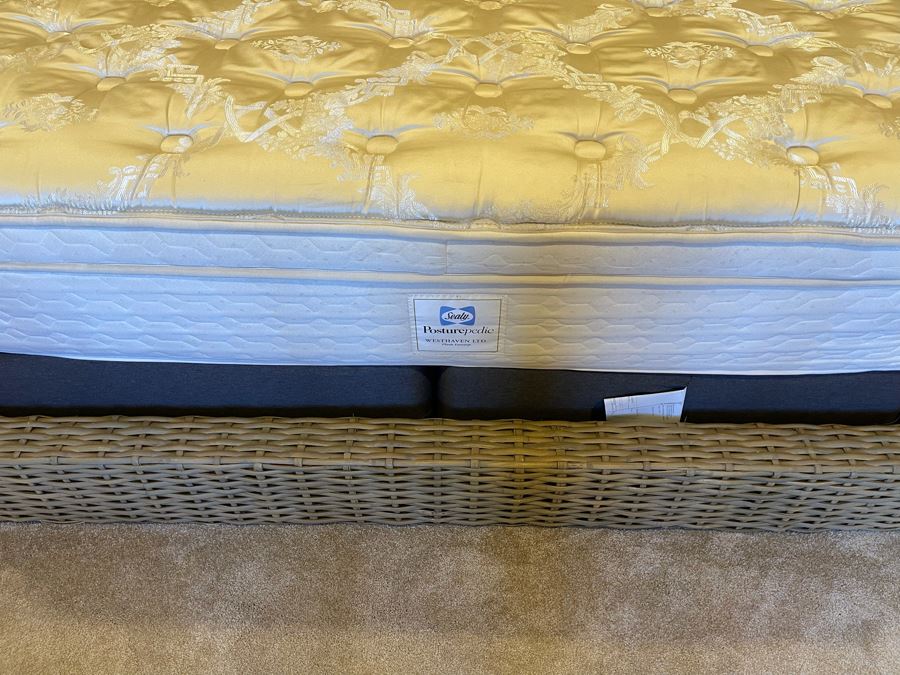 Woven Wicker Cal King Platform Bed With Sealy Posturepedic Mattress And