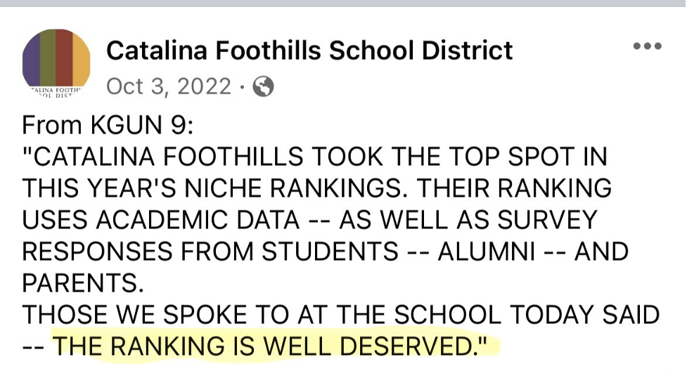 Catalina Foothills School District Tumbles in 2024 Niche Rankings.