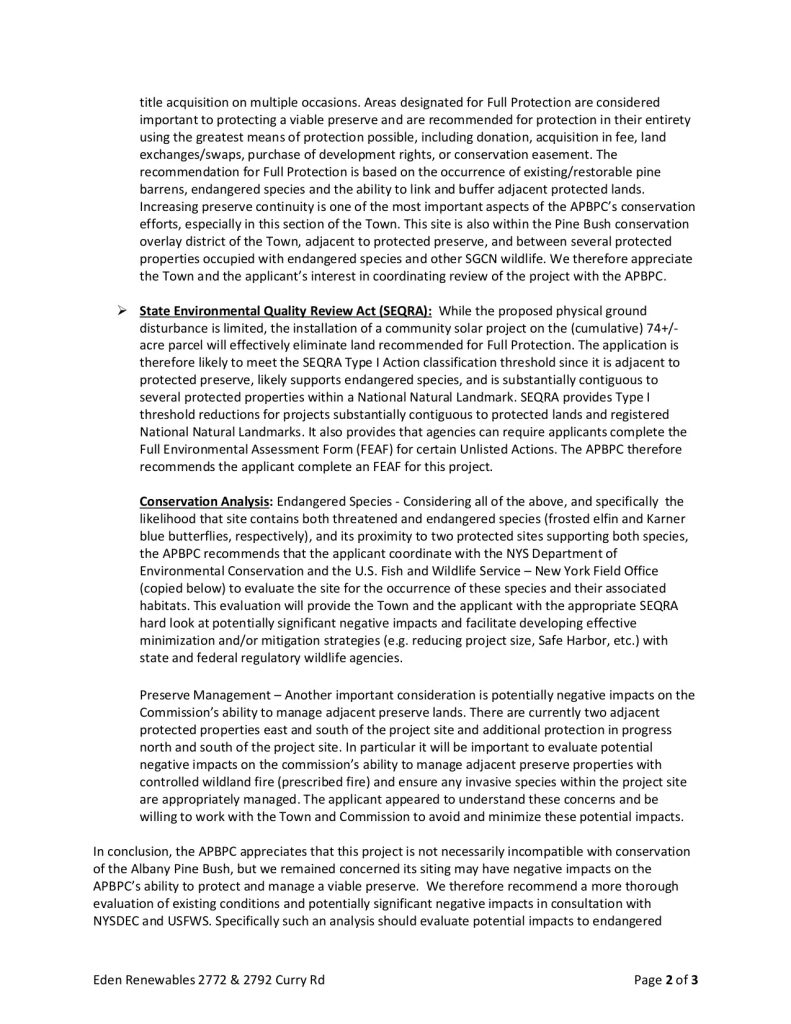 Albany Pine Bush Commission, RE 2772 & 2792 Curry Rd. Eden Renewables proposed Solar Farm