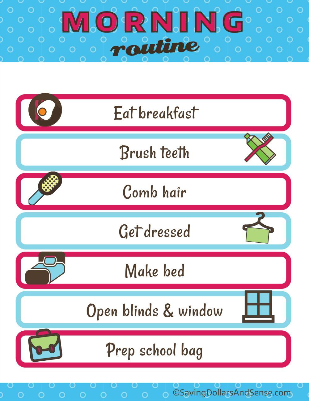 Kids Daily Routine Charts Saving Dollars and Sense