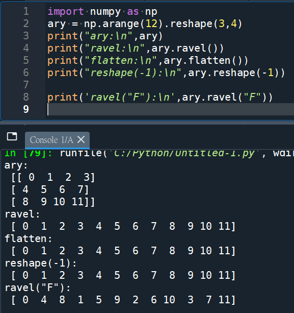 Python numpy中的ravel()、flatten()、reshape(-1)將多維array轉換成一維