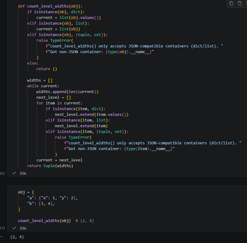 Python容器複雜度評估（Container Complexity Evaluation）：BFS（Breadth-First Search，廣度優先）層寬統計與 DFS（Depth-First Search，深度優先）Leaf 計數 #遞迴