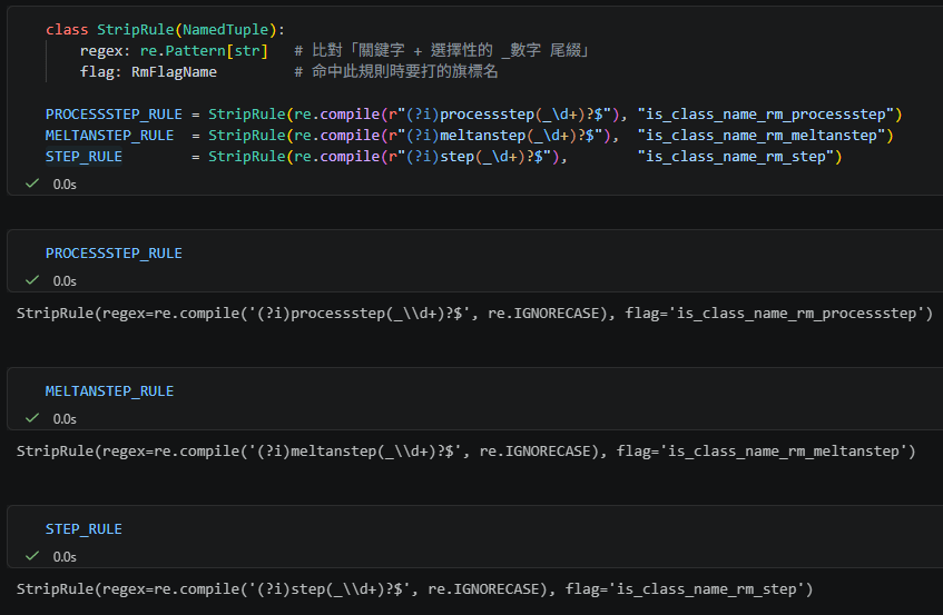 Python `typing.NamedTuple` (`collections.namedtuple`) 與 `typing.Literal` 教學 — 用型別「防止錯配」; StripRule = NamedTuple(“StripRule”, [(“regex”, re.Pattern), (“flag”, str)]) vs StripRule = namedtuple(“StripRule”, [“regex”, “flag”])