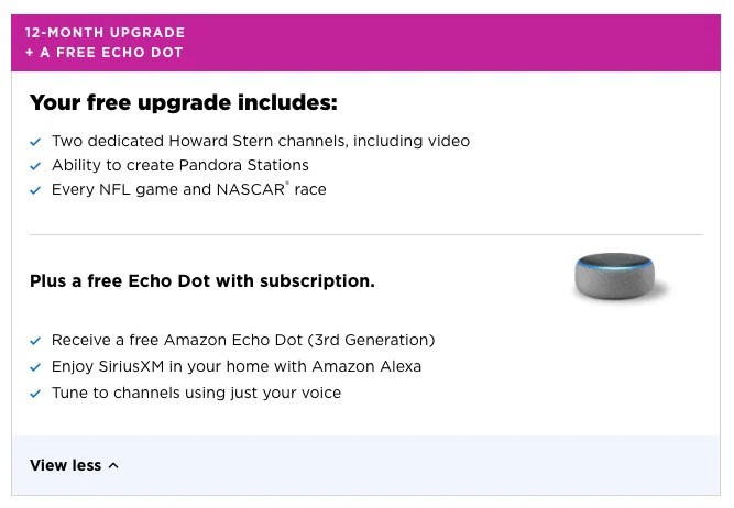 SiriusXM Subscription Deal 60 for 12 Months Upgraded Plan and Free Amazon Echo Dot Savings