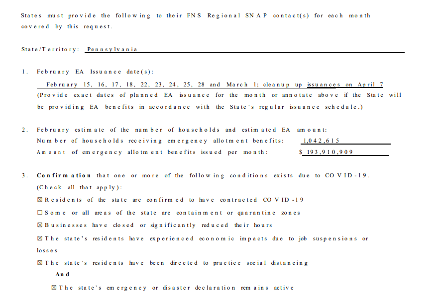 Pennsylvania (PA) SNAP Food Stamp Program 2023 Emergency Allotment