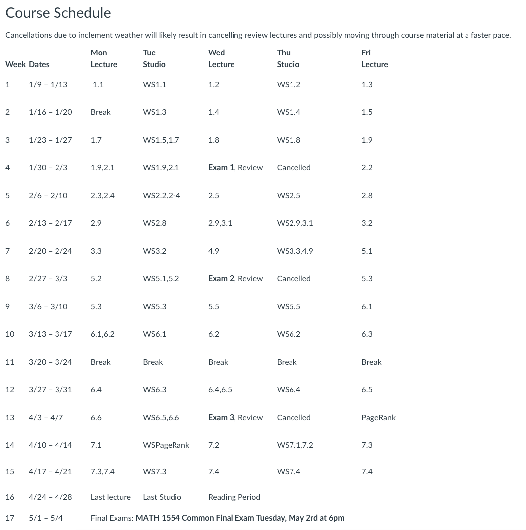 gatech final exam schedule fall 2023 MA 1554 Linear Algebra