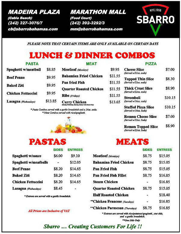 Our Menu Best Restaurants Nassau Bahamas Sbarro at Cable Beach and