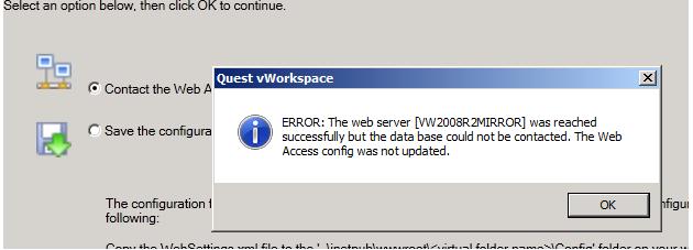 vWorkspace 7.6 'ERROR The web server was reached successfully but the