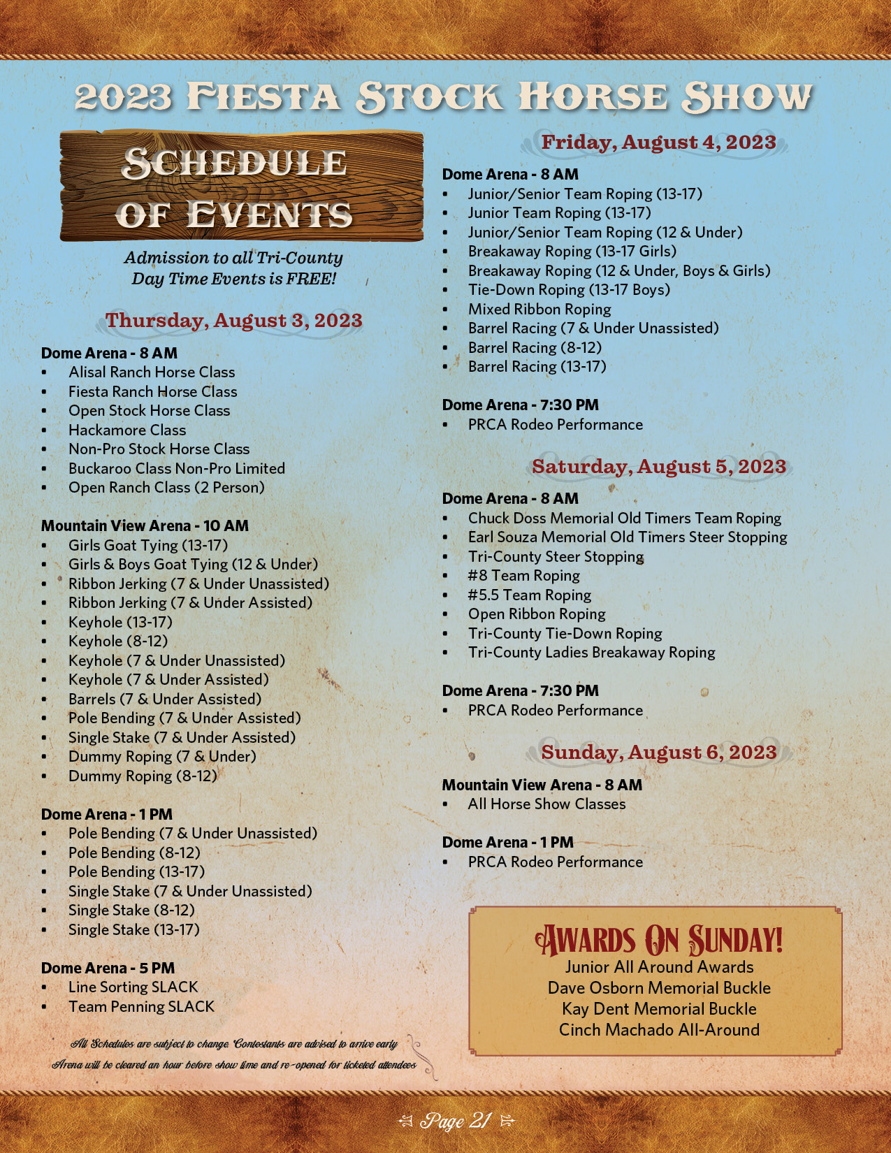 Schedule of Events Fiesta Stock Horse Show & Rodeo