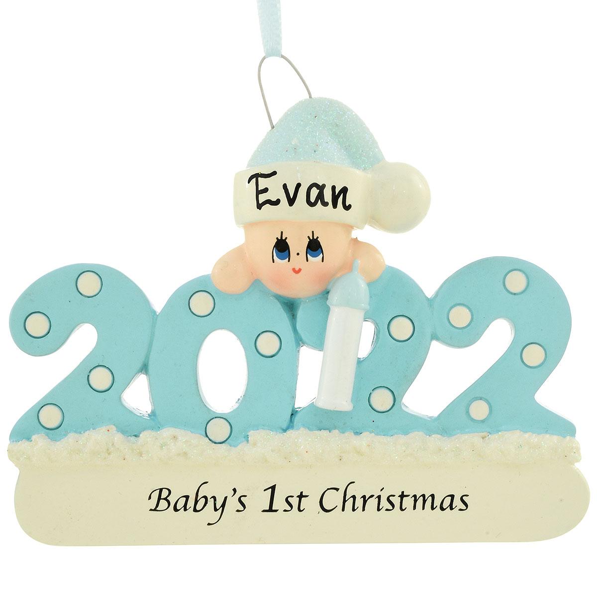 Personalized 2022 Baby's 1st Christmas Blue Resin Ornament