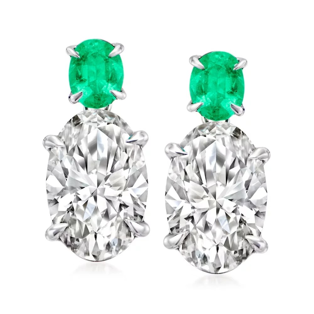 14k White Gold Drop Earrings With Labgrown Diamonds And Emeralds
