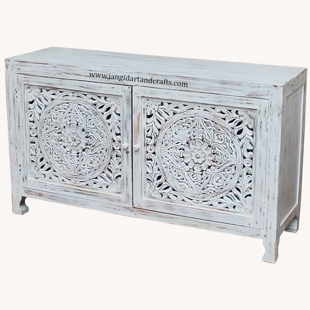 Rustic Ethnic Solid Wood Entryway Shabby Chic White Distress Mango Wooden Carved Sideboard
