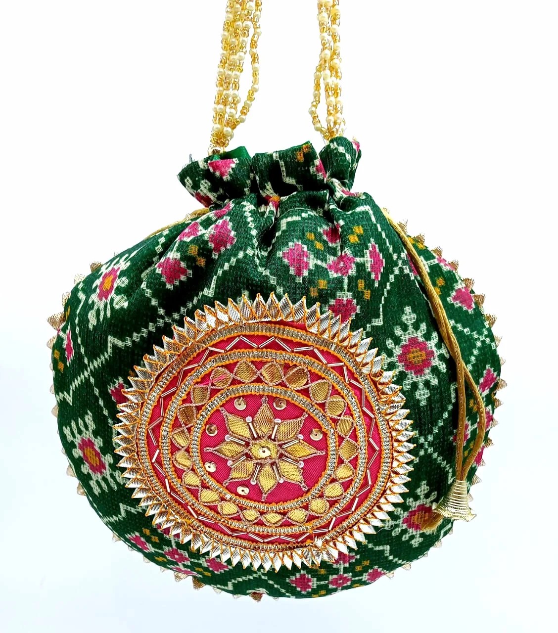 Wedding Hand Crafted Patola Print Potli With Gota Patch Bag With Beaded