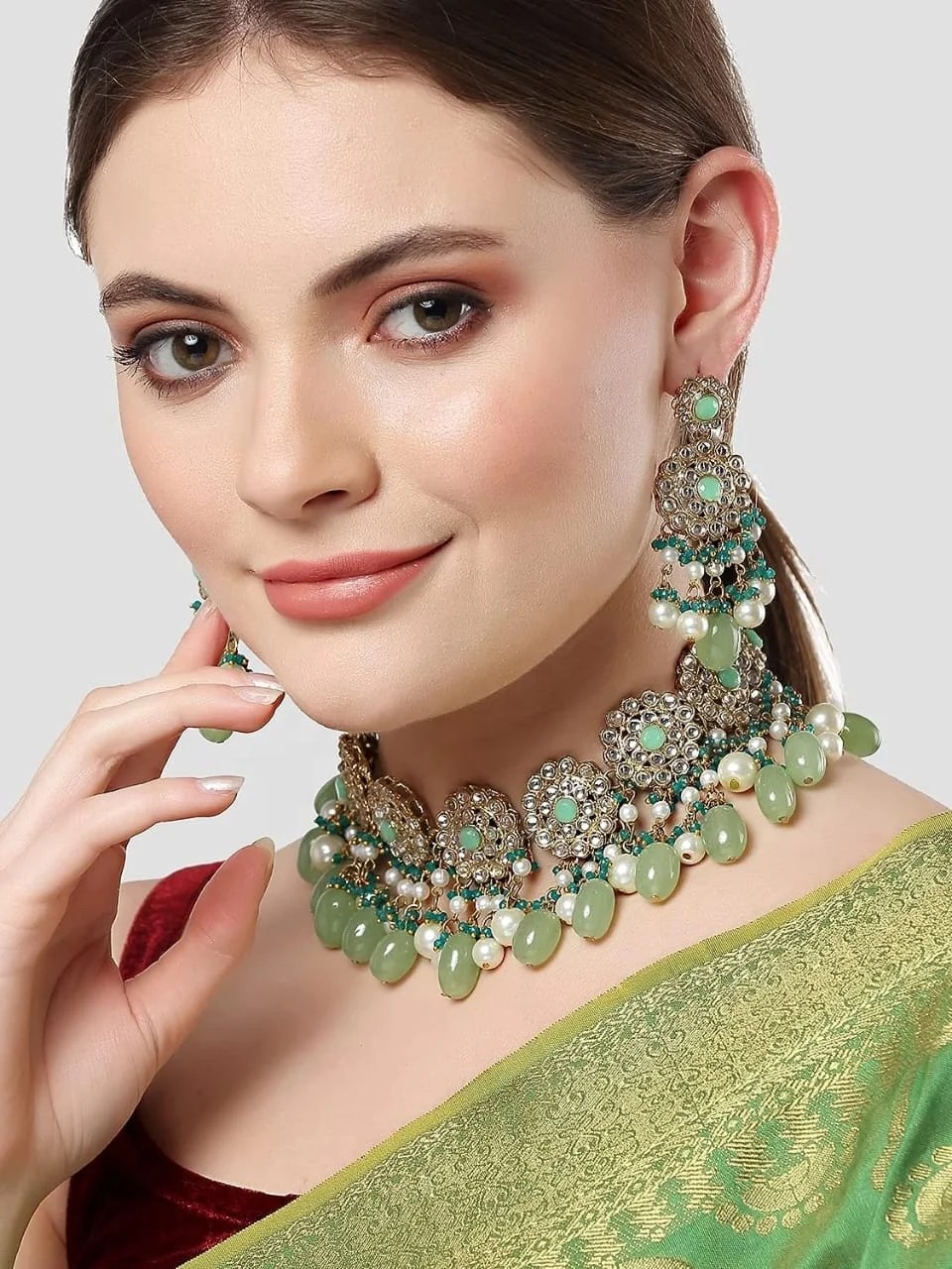 Indian 24k Gold Plated Lime Green Tumble And Polki Kundan Choker