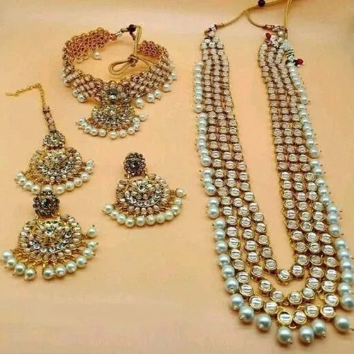 Jmc Gold Plated Indian Traditional Pearl Kundan Necklace Earrings With