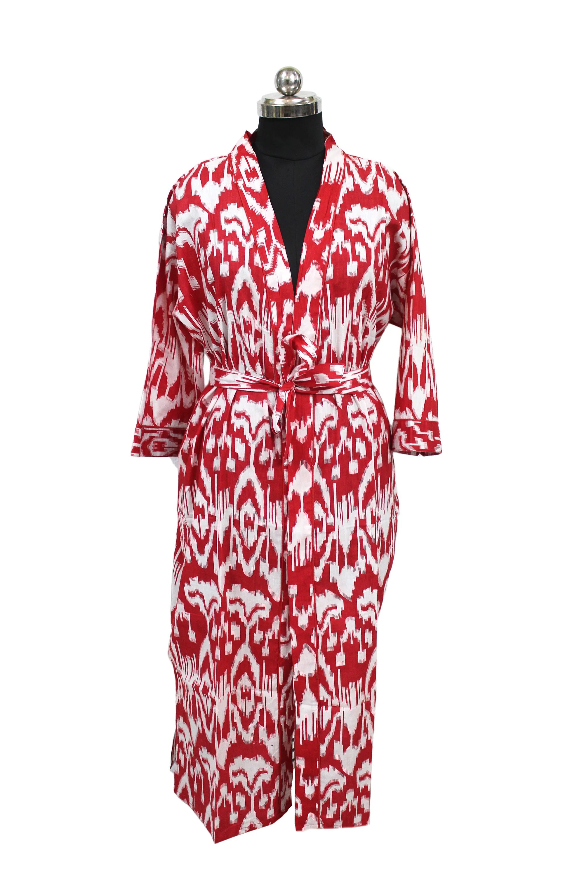 Handmade Red Ikat Print Kimono Robe Bathrobes Beachwear Cotton Kimono