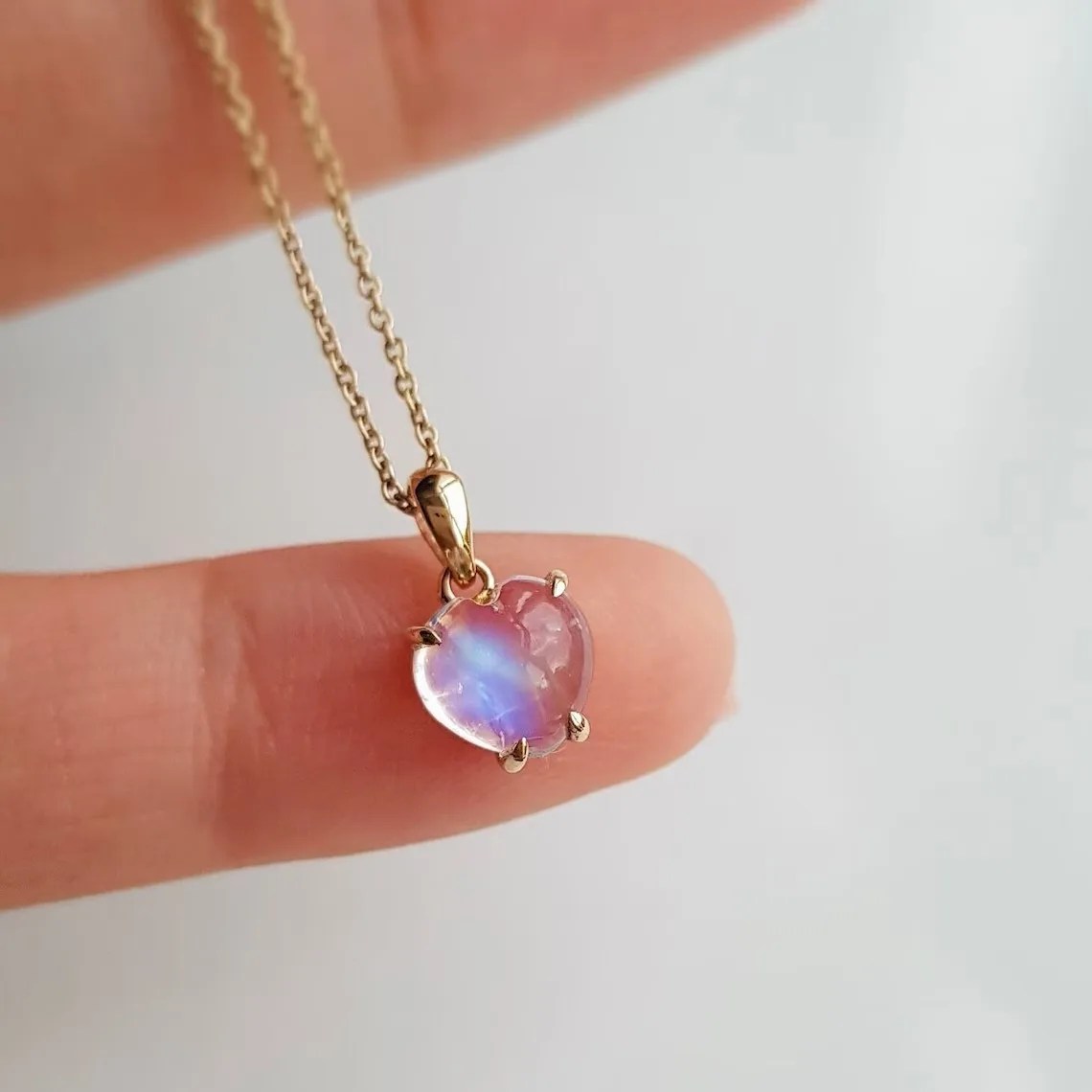 Dainty Solitaire Cabochon Blue Fire Moonstone Heart Shape Pendant Brass