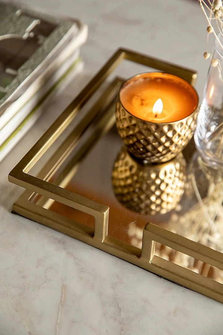 Luxury Round Metal Vanity Serving Trays Vintage Gold Black Glass Indian