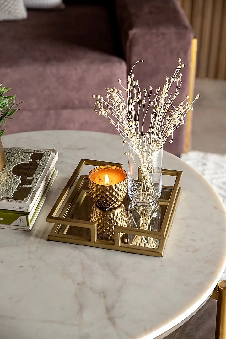 Luxury Round Metal Vanity Serving Trays Vintage Gold Black Glass Indian